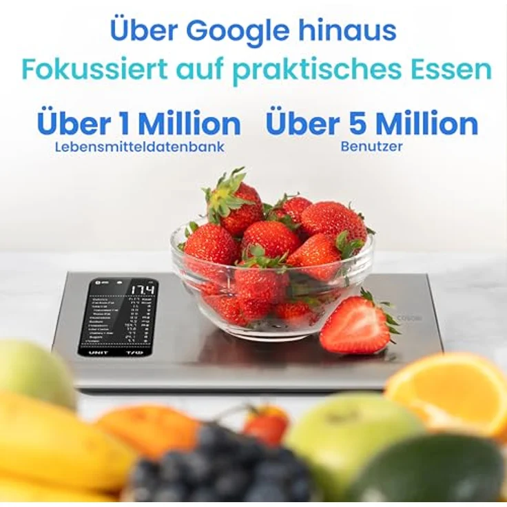 COSORI Küchenwaage digital mit Nährwertberechnung, 19 Nährstoffe verfolgt, 5kg Edelstahl-Lebensmittelwaage in Schwarz - Ideal für Gewichtsverlust und gesunde Ernährung – Bild 5