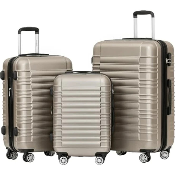 BEIBYE Hartschalen Koffer Trolley Kofferset, 3-teilig mit Zwillingsrollen, Champagner, erweiterbar, inkl. integriertes Zahlenschloss – Bild 1