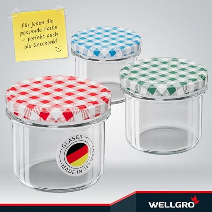 WELLGRO 6x Einmachgläser mit Schraubdeckel, 235ml, Deckel To 82 grün kariert, Made in Germany, Vorratsgläser, Gärglas, Dessertgläser – Bild 5