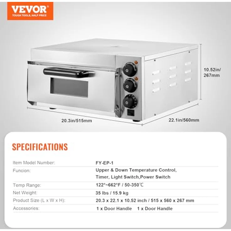 VEVOR Kommerzieller Pizzaofen FY-EP-1, elektrischer Edelstahl-Pizzaofen mit 406 mm Durchmesser, intelligente Temperatur- und Zeitsteuerung, Silber – Bild 7
