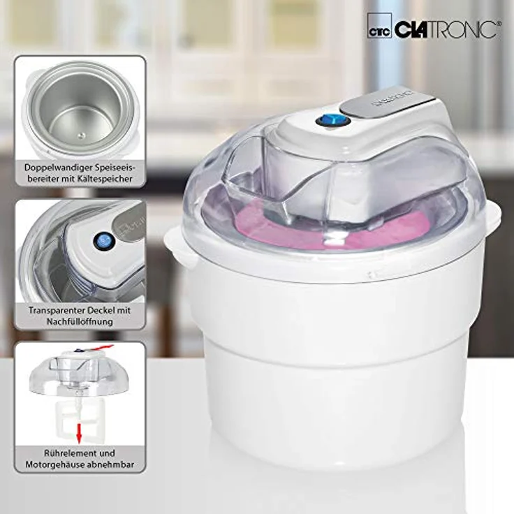Clatronic ICM 3581 Eiscreme-Maker , geeignet zur Zubereitung von Sorbet, Eis und Frozen Joghurt, für bis zu 1500 ml Eiscremé, Deckel mit Nachfüllöffnung, weiß – Bild 4