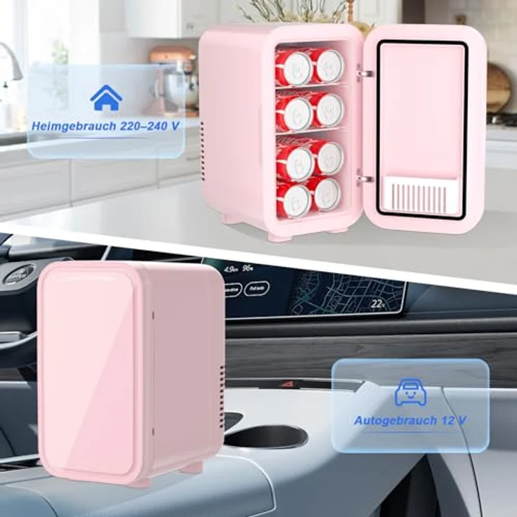 YASHE Mini-Kühlschrank 6 Liter, tragbarer thermoelektrischer Kühler für Lebensmittel und Hautpflege, pink, AC/DC, geräuscharm – Bild 5