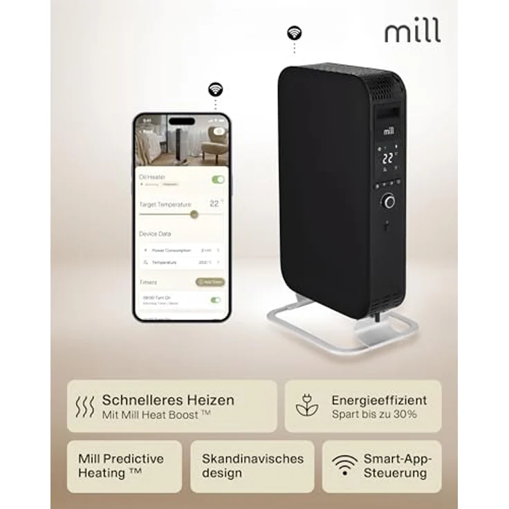 Mill Ölradiator Elektro Heizkörper 1500W, WiFi Smarte Heizung für 18-22m², leise, Designed in Norwegen - schwarz – Bild 3