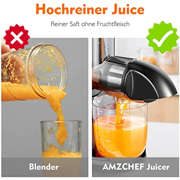 AMZCHEF Entsafter Gemüse und Obst Testsieger - Slow Juicer mit Rückwärts-Kau-Funktion - Saftpresse Elektrisch, Zerkleinern ohne Filtern - Silber – Bild 5