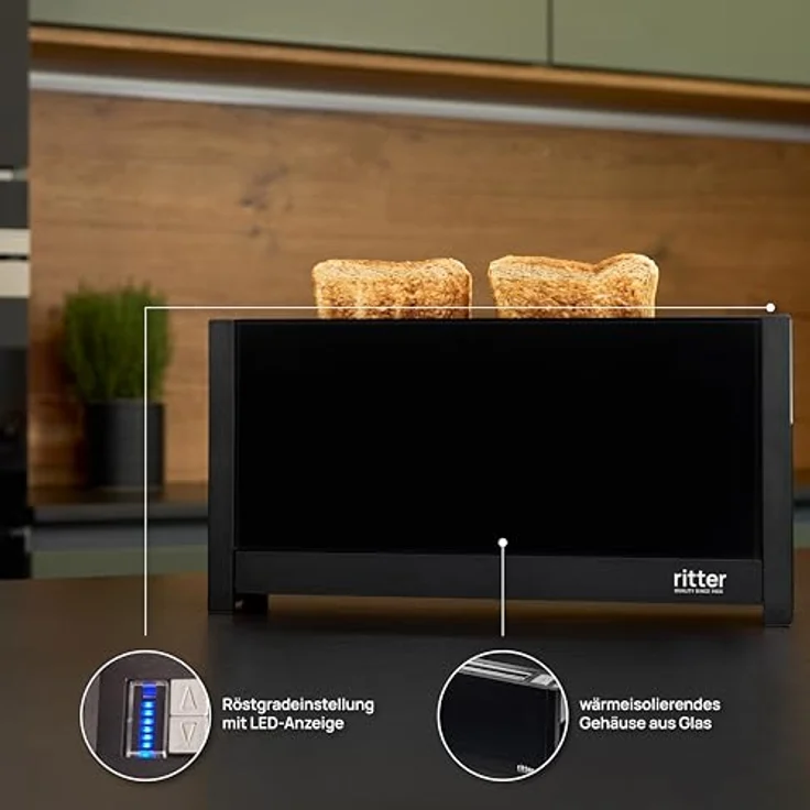 Ritter Toaster volcano 5, Langschlitztoaster mit eleganten Glasfronten, 950W, stufenlose Bräunung, schwarz - Preisvergleich – Bild 4
