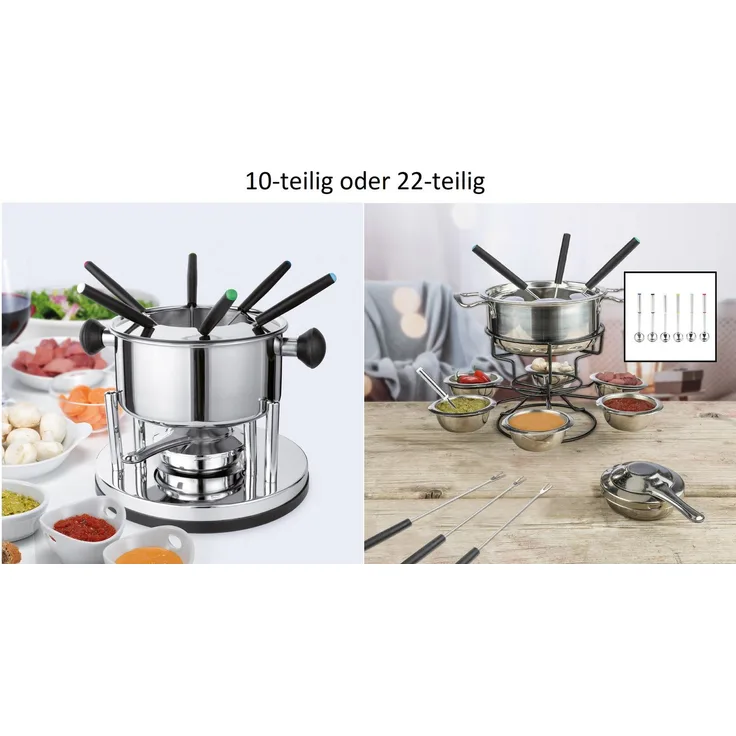 Haushalt International Fondue-Set 10-teilig bzw. 22-teilig aus Edelstahl für 6 Personen, stufenlose Hitzeeinstellung, farbige Gabeln