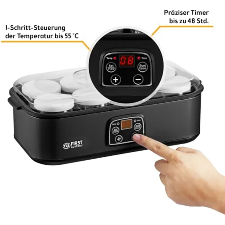 TZS FIRST AUSTRIA Joghurtbereiter, 8 Glasbehälter à 180 ml, LED-Display, Temperaturregelung 20–55 °C, 48h-Timer, Abschaltautomatik – Bild 5