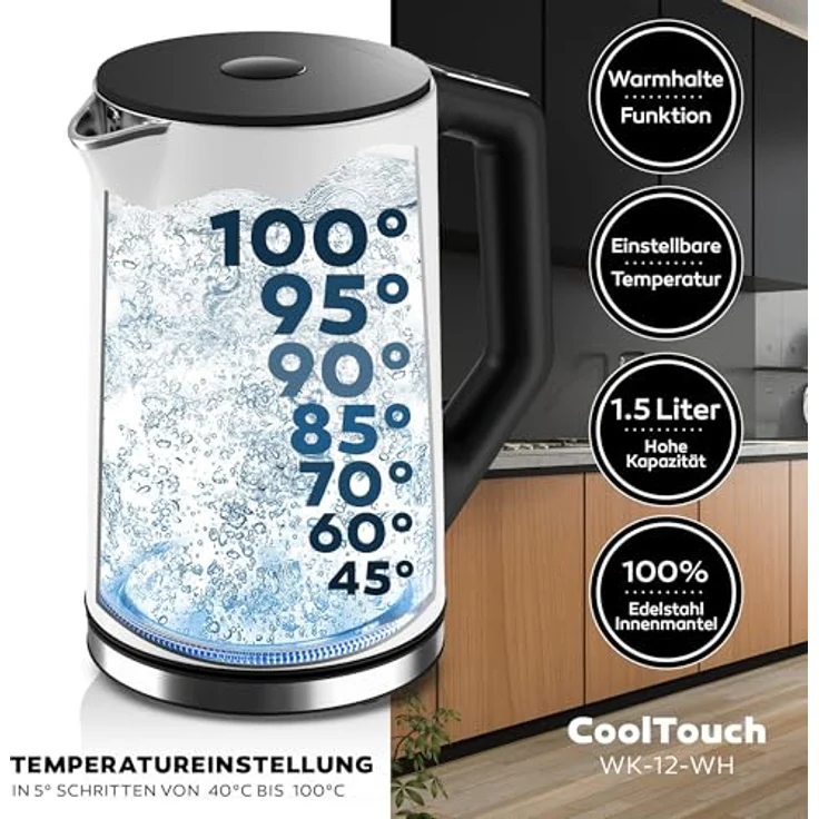 Balter WK-12 Edelstahl Wasserkocher mit Temperatureinstellung 40°C-100°C, doppelwandig, BPA-frei, leise, kabellos, 1.5L, 2200W, Weiß – Bild 5