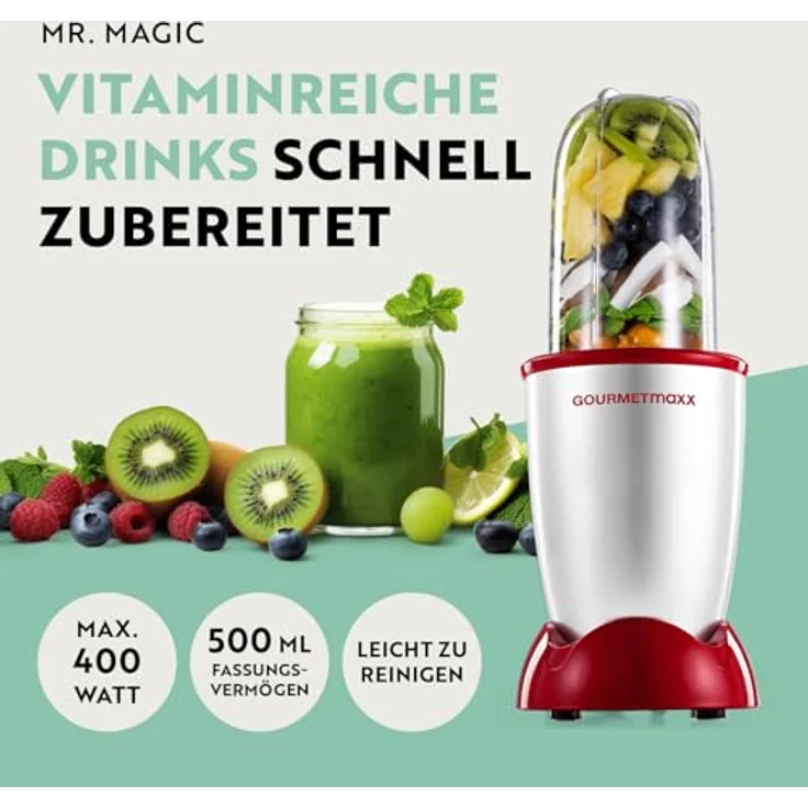 GOURMETmaxx Mr. Magic Power Pro Mixer 400 Watt, Standmixer mit 8 Funktionen, XL-Zubehörset inkl. 2 Mixbechern und To-go Deckel für Smoothies und Shakes – Bild 2