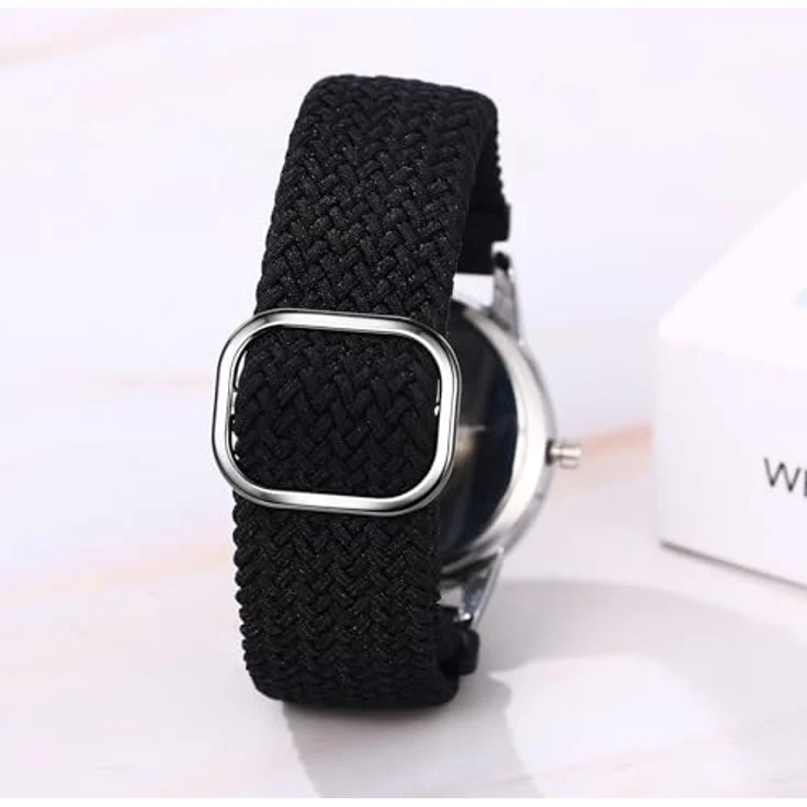 JewelryWe Geflochtene Armbanduhr in Schwarz, Elastisches Gewebearmband, Analog Quarz mit 12/24 Stunden Anzeige und Kalenderfunktion für Damen und Herren – Bild 3