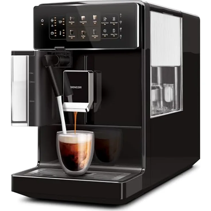 SENCOR Automatische Espresso- und Cappuccinomaschine SES 9300BK, 19 Bar, mit integriertem Mahlwerk und bunter LED-Anzeige, schwarz