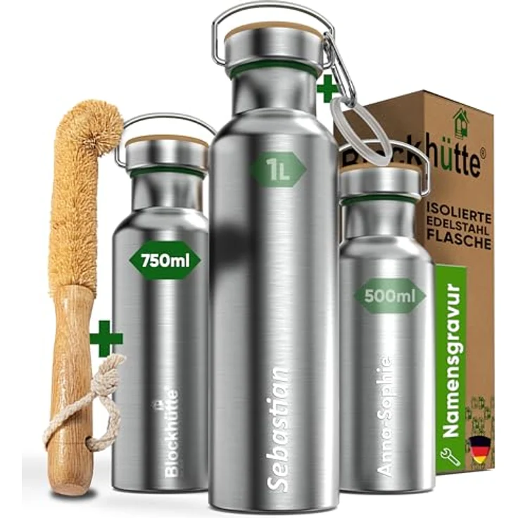 Blockhütte Personalisierte Edelstahl Trinkflasche 750ml, Auslaufsichere Thermoflasche, BPA-frei, für Kinder und Erwachsene, mit Namensgravur – Bild 1