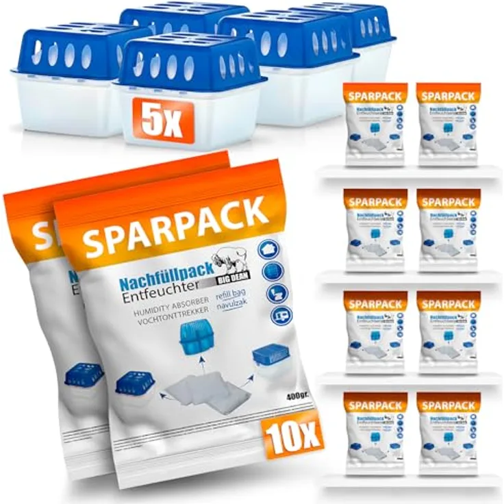 BigDean 5 Stück Luftentfeuchter, nachfüllbar und wiederverwendbar, 10 Nachfüllpacks 400g, stromlos für Räume bis 50m²