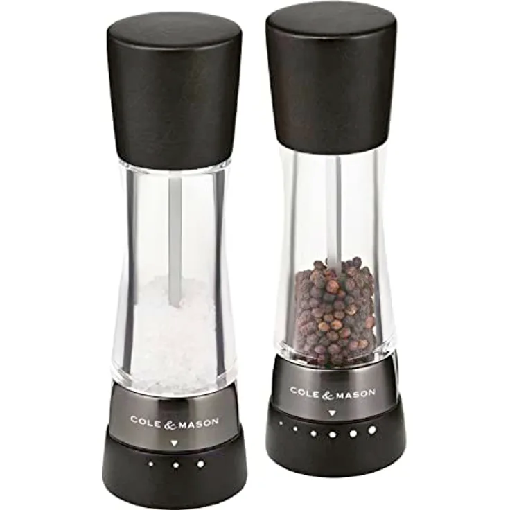 Cole & Mason H332293 Derwent Dunkles Holz Salz und Pfeffermühle,2er Set Manuell mit einstellbar, Acryl/Gebeiztes Buchenholz, 190mm, Gourmet Precision+, Geschenkset,
