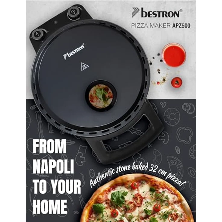 Bestron Pizzaofen, 320°C Höchsttemperatur, Schamottstein & 2 Holzspatel, Mattschwarz – Bild 2