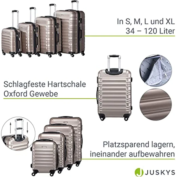 Juskys Hartschale Kofferset Reisekoffer 4 teilig - Zahlenschloss, geräuscharme 360° Rollen groß, Teleskopgriff, leicht - Koffer in Champagner – Bild 4
