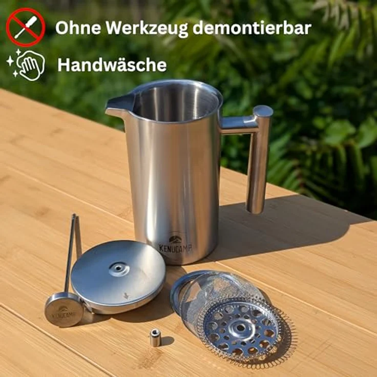 Kenucamp® French Press 800ml, Isolierende Edelstahl Kaffeepresse (Silber), Doppelwandig & Langlebig, Thermo Kaffeebereiter für 2–3 Tassen – Bild 4