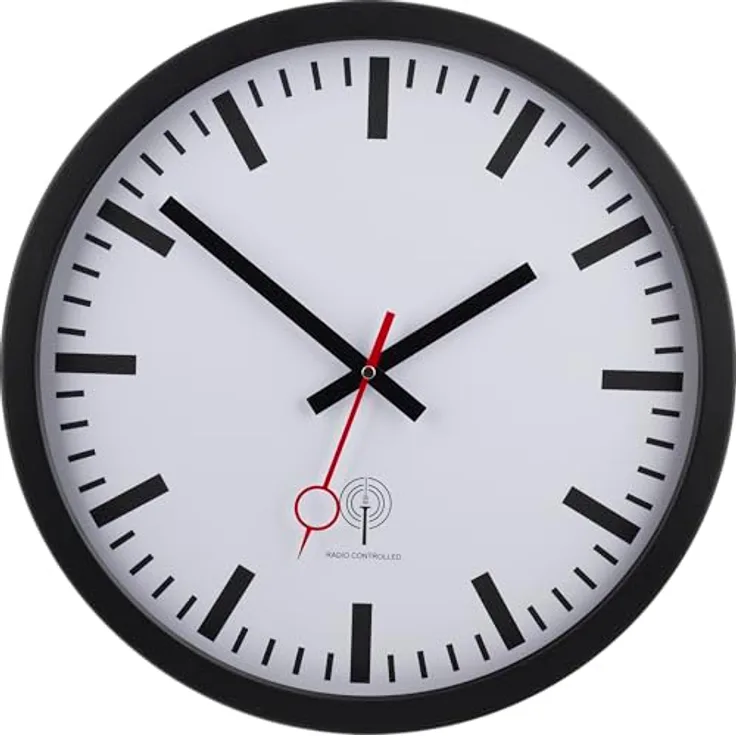 Eurotime 56861-05 Funkwanduhr mit Bahnhofs-Sekundenzeiger, 40 cm Durchmesser, Metallgehäuse, Echtglas, schwarzer Zeigersatz und Bahnhofzifferblatt