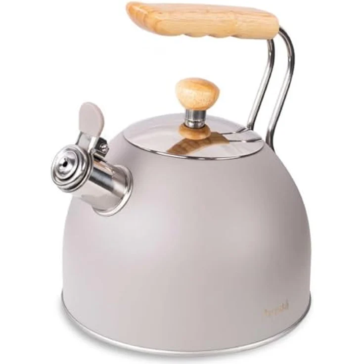 Husla 73907 Whistling Kettle, 2.5 Liter Edelstahl, geeignet für alle Kochfeldtypen, mit Holzgriff, Grau – Bild 1
