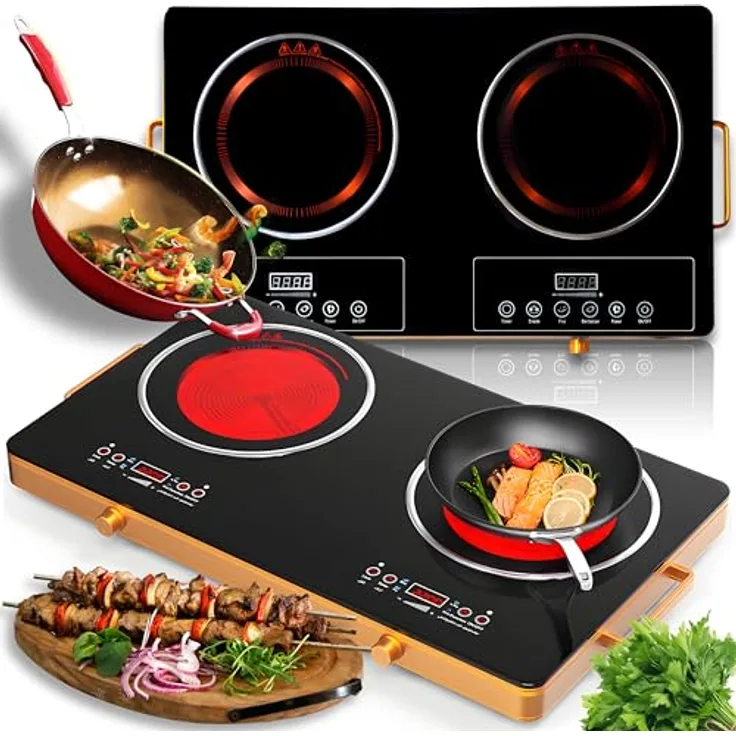 Retoo Doppelkochplatte Kochplatte Elektrische Keramikkochfeld 2000W Campingkocher Doppel-Kochplatte Kochfelder mit 2 Kochfeldern für Camping Outdoor Indoor 73 x 41 x 7,5 cm Touch Sensoren Schwarz