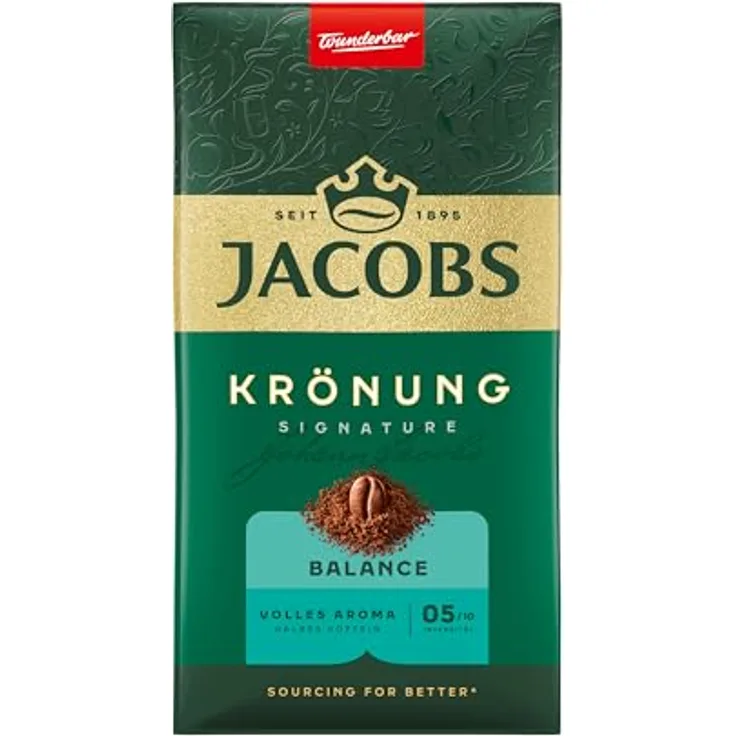 JACOBS Krönung Balance, gemahlener Kaffee mit mildem Geschmack und halbem Koffeingehalt, 500 g