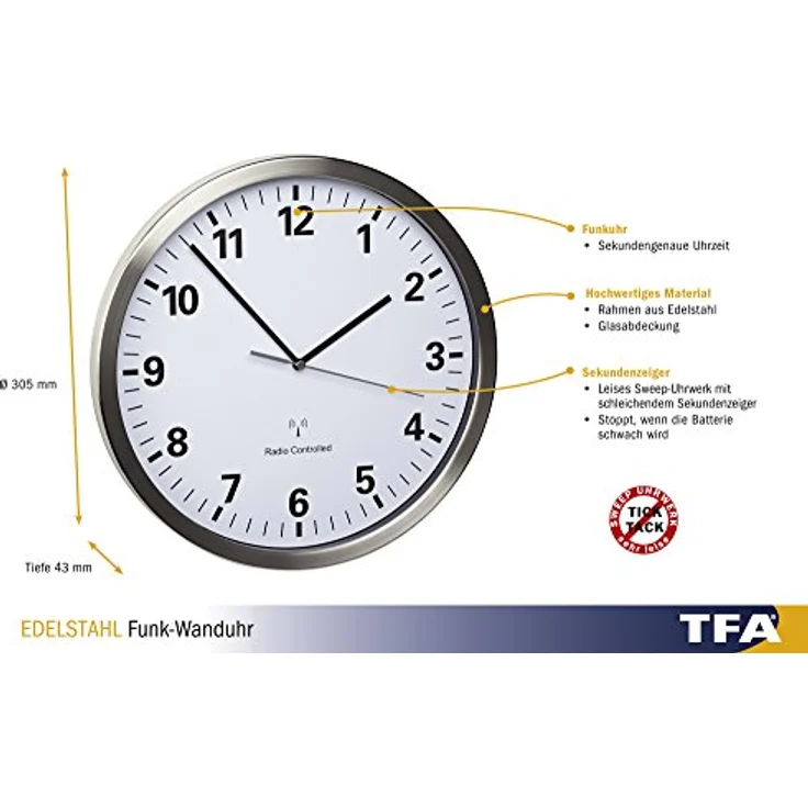 TFA Dostmann Analoge Wanduhr Funk, mit Edelstahl Rahmen, groß, 30cm Durchmesser, weiß, 60.3523 – Bild 2