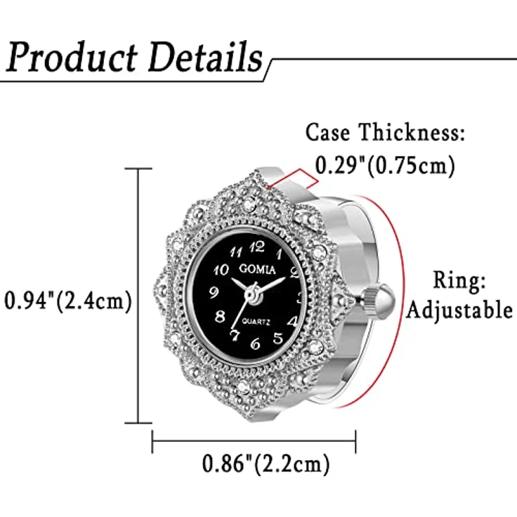 JewelryWe 2pcs Ringuhr Fingeruhr Damen, Analog Quarz, Retro Geschnitzt Blumen, Edelstahl, Verstellbar, Wasserfest, Silber Gehäuse – Bild 3