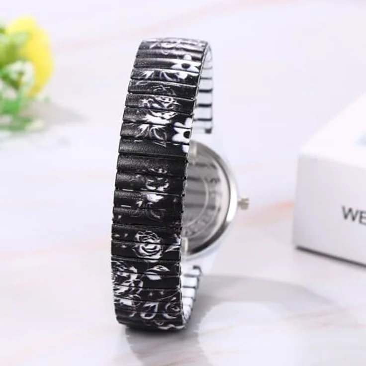 JewelryWe Damenuhr Boho Elastische Uhr, Analog Quarz mit Blumen Druck, Edelstahl Stretch Armband und große Zahlen, Bohemian Stil – Bild 3