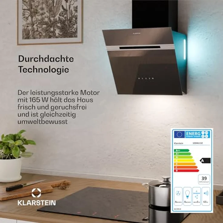 Klarstein Alina Dunstabzugshaube – 540 m³/h, Touch-Bedienfeld, LED-Beleuchtung, Energieeffizienz A, 3 Leistungsstufen, Schwarz, Umluftbetrieb – Bild 3