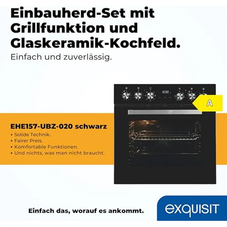 Exquisit Einbauherdset EHE157-UBZ-020-Set schwarz, 59 l Garraumvolumen, 7 Backprogramme, Kochen mit Grill und Umluft, Energieklasse A – Bild 2