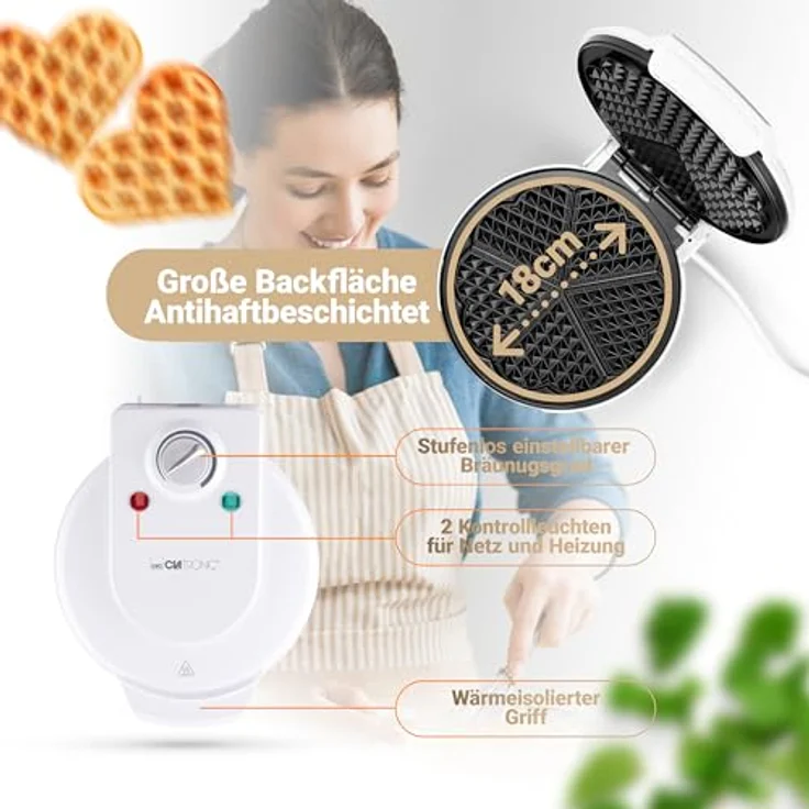 Clatronic WA 3491 Waffelautomat, 1200 Watt, Stufenlos regelbarer Bräunungsgrad, Große Backflächen Ø 18 cm antihaftbeschichtet, Weiß – Bild 5