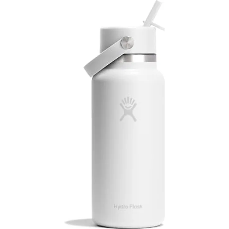 Hydro Flask Wide Flex Straw Cap 946 ml (32 oz) Flasche – Edelstahl, auslaufsicher, spülmaschinenfest, isoliert, bis zu 24 Std. kalt, eiswürfelfreundlich – White