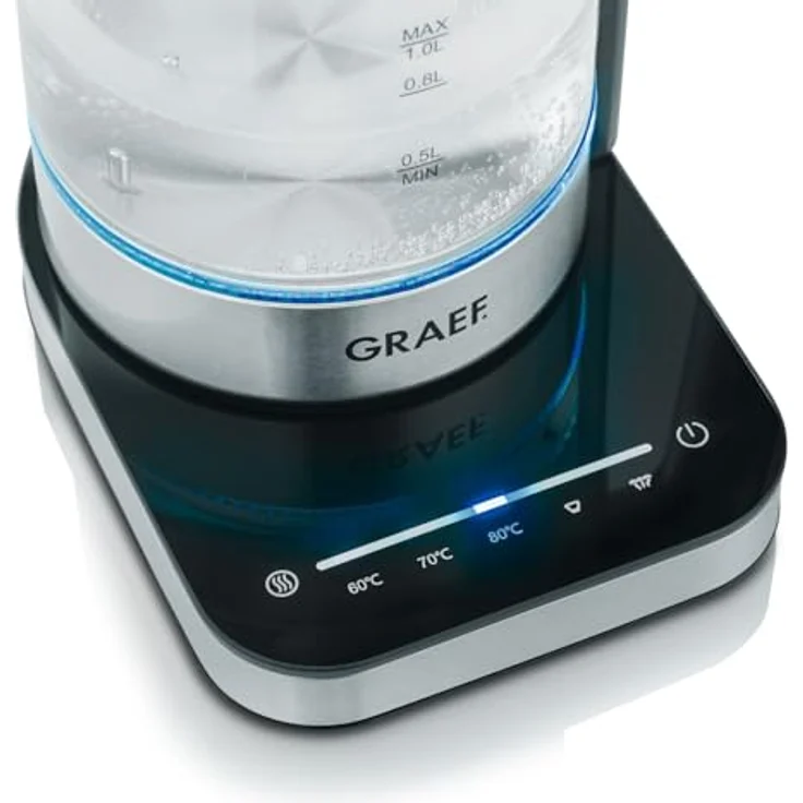Graef WK 350 Wasserkocher, 2000 Watt, 1 Liter, Kalkfilter, Warmhaltefunktion, Temperatureinstellung, schwarz, transparent – Bild 6
