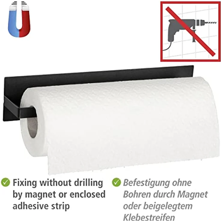 WENKO Magnetischer Küchenrollenhalter Ima, Halterung für die Küchenrolle aus pulverbeschichtetem Metall in Schwarz, Befestigung ohne Bohren durch Magnet oder beigelegtem Klebestreifen, 30 x 6,5 x 6 cm – Bild 2