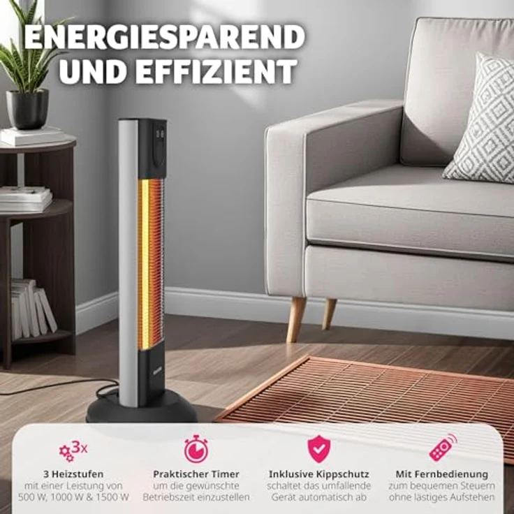 tectake® Infrarot Heizstrahler mit Kippschutz und Timer, 1500W, für Innen und Outdoor, elektrischer Heizlüfter, Infrarotheizung Terrasse - Aluminiumgehäuse – Bild 3