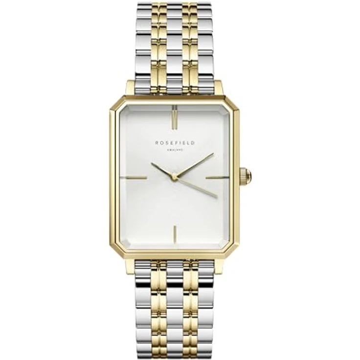 Rosefield Octagon Duo, Damen Armbanduhr mit silbernem Edelstahlarmband, weißem Zifferblatt, analog, 3ATM, Gold – Bild 1