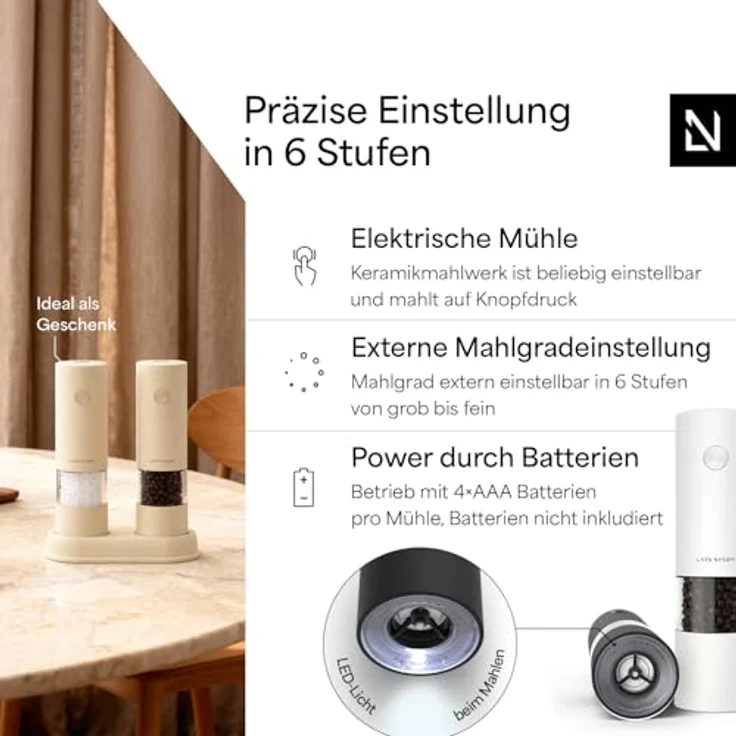 LARS NYSØM Gewürzmühle Kryd, elektrisches Set mit stufenlosem Keramikmahlwerk und Untersetzer, 2 Stück – Bild 2