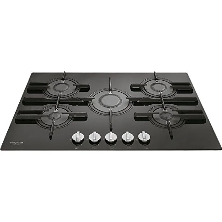 Hotpoint FTGHG 751 D/HA(BK) Gas-Kochfeld, 75 cm, 5 Brenner, Schwarz, integriertes Design mit gusseisernen Pfannenunterlagen und elektrischer Zündung