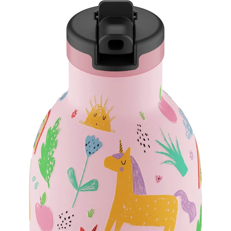 24 Bottles Kids Clima Bottle Magic Friends, Edelstahl Trinkflasche 330ml mit integriertem Strohhalm und breiter Öffnung