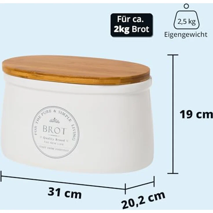 KHG Brotkasten Weiß Keramik Steingut Holzdeckel Bambus, Aufbewahrung Brot oval, Deckel als Schneidebrett, glänzend glasiert mit Emaille, Lüftungslöcher, Landhaus Vintage Stil, beschriftet – Bild 3
