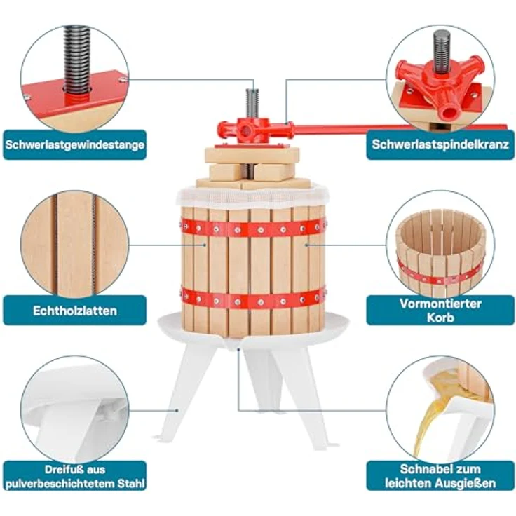 Wiltec 12L Obstpresse aus Buchenholz inkl. Presstuch, manuelle Weinpresse mit 240x270mm Korb, Apfelpresse Fruchtpresse für Obst Wein Maische, robuste Entsafter in Naturholzoptik – Bild 7