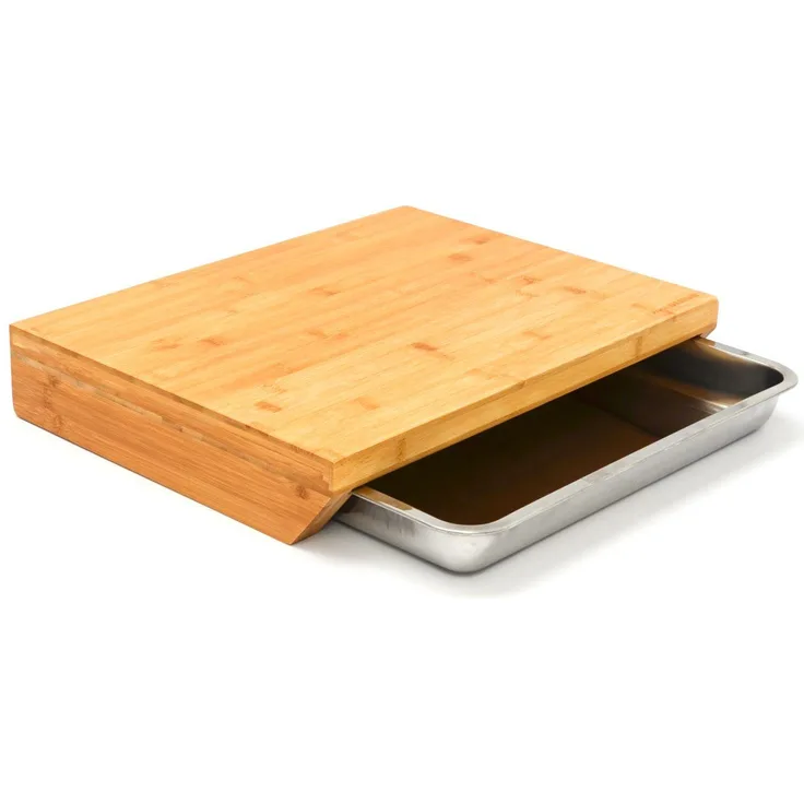 DuneDesign Schneidebrett mit Auffangschale aus Edelstahl, Holzbrett Natur 49x37x8
