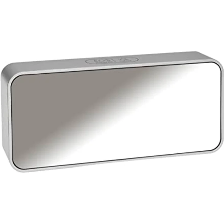 TFA Dostmann Digitaler Wecker mit Spiegeleffekt, 60.2032.54, 2 Alarmzeiten, 16 Wecktöne, mit 4 Helligkeitsstufen, Uhrzeit (AM/PM), mit integrierten Akku, Silber (L) 145 x (B) 32 x (H) 65 mm – Bild 2