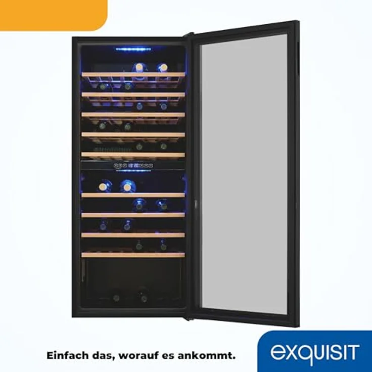 Exquisit Weinkühlschrank WS2-114-GTE-160G, 2 Zonen für 114 Flaschen, 220 Liter, Umluftventilator, digitale Temperaturanzeige, schwarz – Bild 5