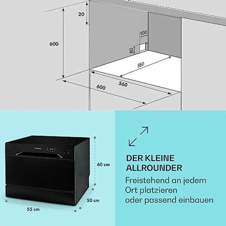 Klarstein Havasia UV 8, Tischgeschirrspüler, E, Geräuschemissionsklasse C, Geräuschemissionen 49 Dezibel – Bild 7