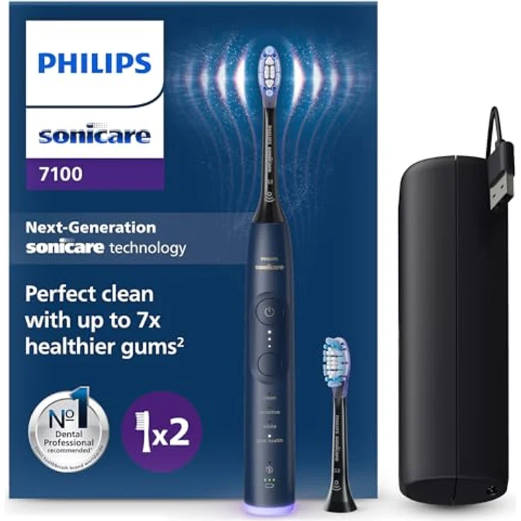 PHILIPS Sonicare 7100 Elektrische Zahnbürste, Schallzahnbürste mit App, 4 Putzmodi, 3 Intensitätsstufen, Andruckkontrolle, EasyStart, SmarTimer, Marineblau [Neue Technologie] – Bild 1