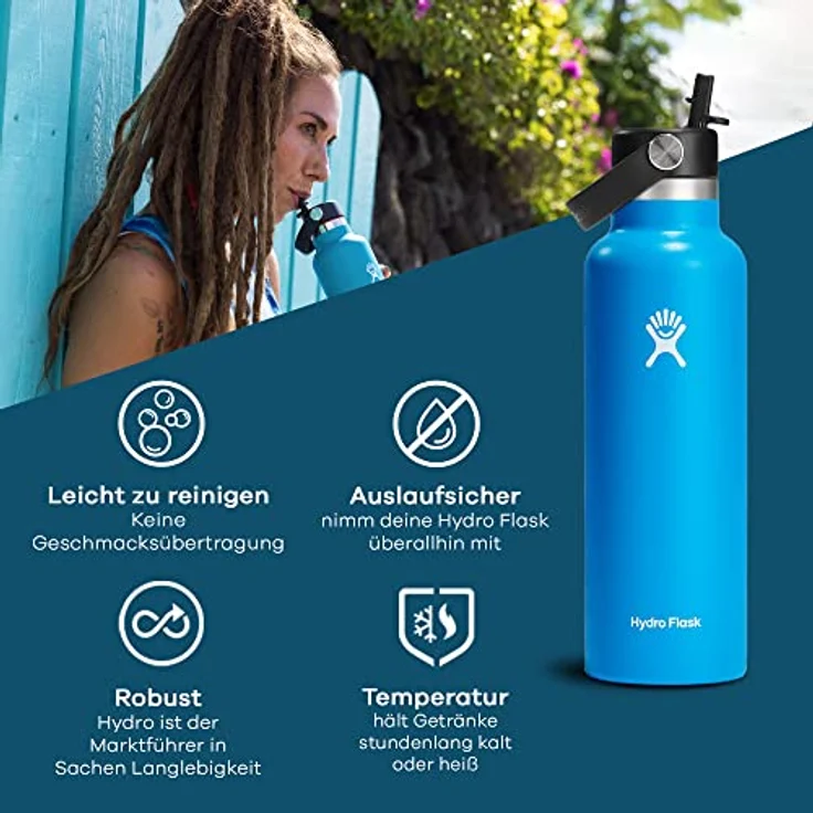 HYDRO FLASK - Trinkflasche 621ml (21oz) mit Flex Straw Deckel - Vakuumisolierte, Wiederverwendbare Flasche aus Edelstahl - Auslaufsicherer Deckel - Heiß & Kalt - Standard Mouth, BPA-frei - Black – Bild 2