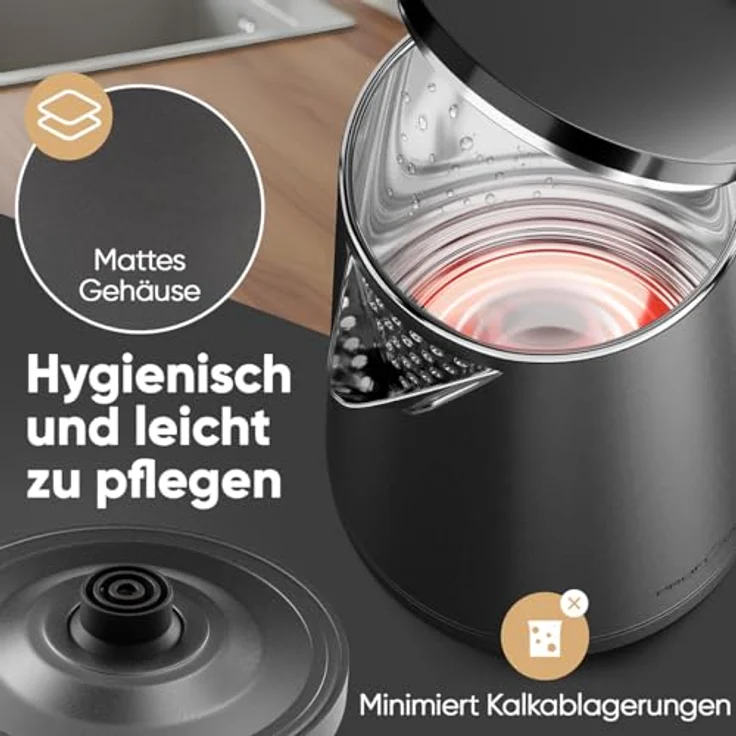 ProfiCook® Wasserkocher PC WK 1290, 1,5 Liter, 2200W, doppelwandiges Thermogehäuse, Einhandbedienung, matte Edelstahloberfläche, Graphit – Bild 3