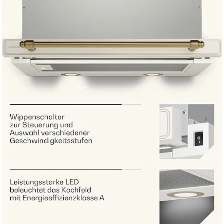 Klarstein Victoria Dunstabzugshaube, 60cm Unterbauhaube Retro, 358 m³/h, LED, ausziehbar, 2 Leistungsstufen, Aluminium- & Aktivkohlefilter, leise, Sahne – Bild 7