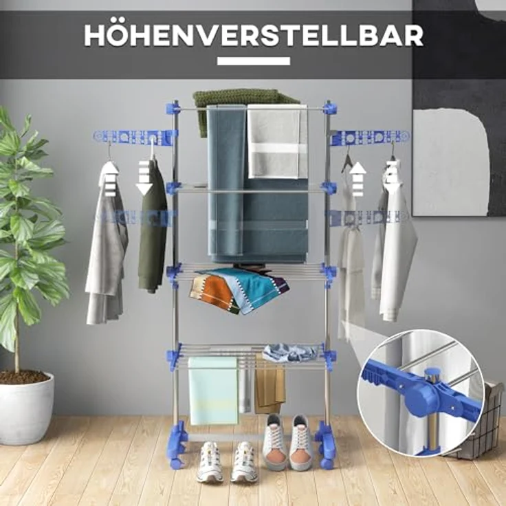 HOMCOM WГ¤schestГ¤nder TurmwГ¤schetrockner mit Klappbarem FlГјgel, 6 Kunststoff-UniversalrГ¤der, Blau – Bild 4